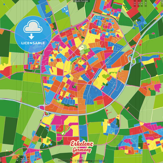 Erkelenz, North Rhine-Westphalia, Germany Crazy Colorful Street Map Poster Template