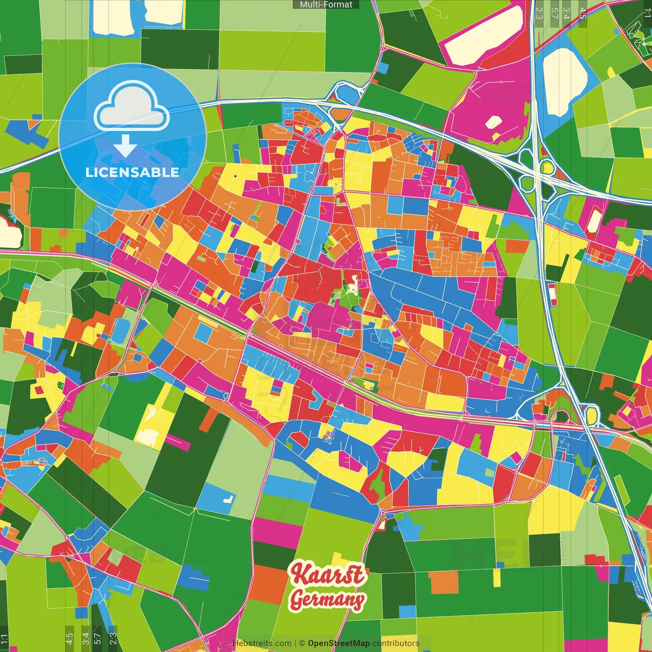 Kaarst, North Rhine-Westphalia, Germany Crazy Colorful Street Map Poster Template