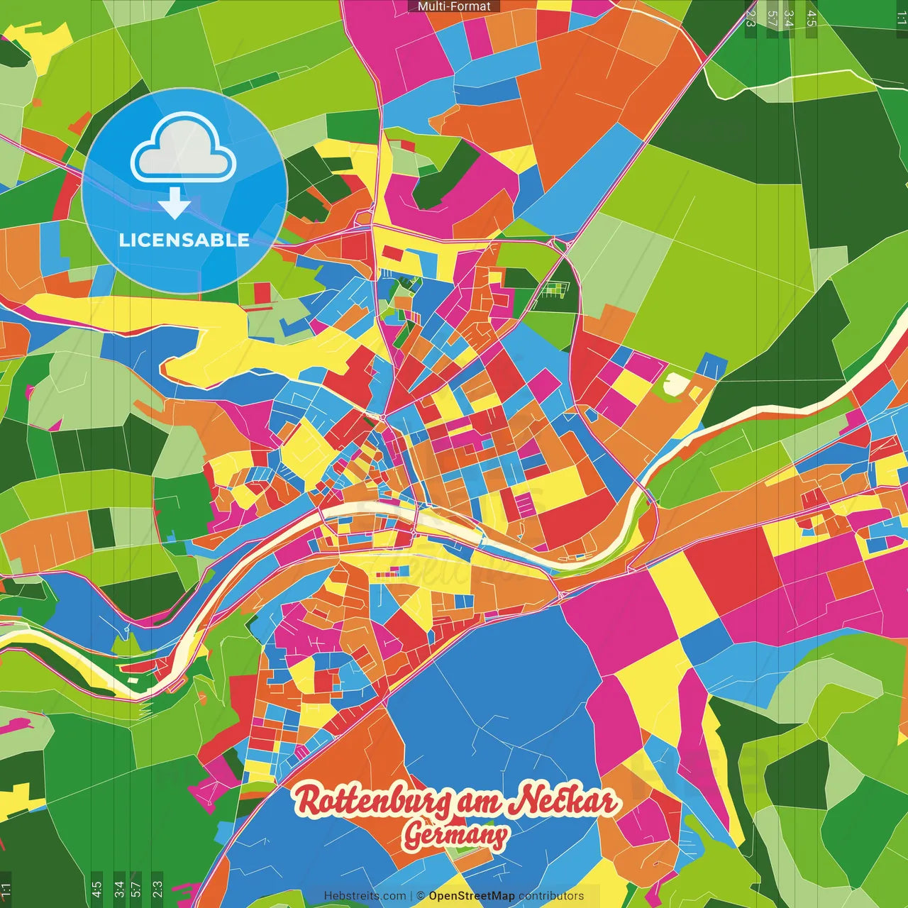 Rottenburg am Neckar, Baden-Wuerttemberg, Germany Crazy Colorful Street Map Poster Template