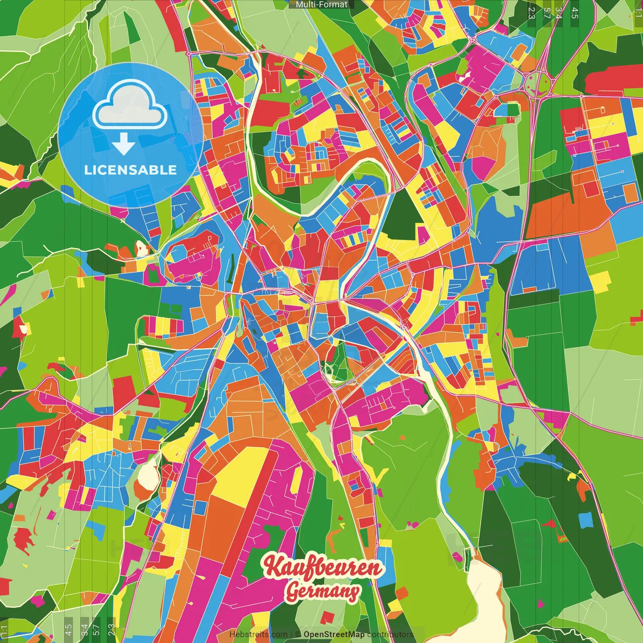 Kaufbeuren, Bavaria, Germany Crazy Colorful Street Map Poster Template