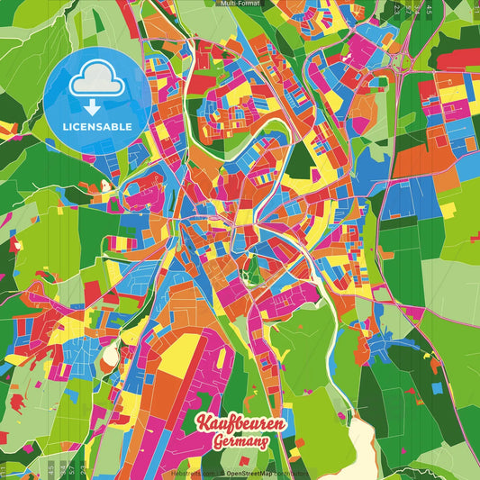 Kaufbeuren, Bavaria, Germany Crazy Colorful Street Map Poster Template