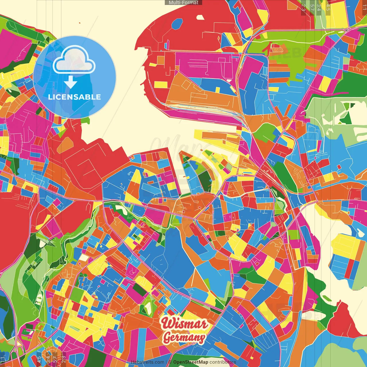 Wismar, Mecklenburg-Western Pomerania, Germany Crazy Colorful Street Map Poster Template