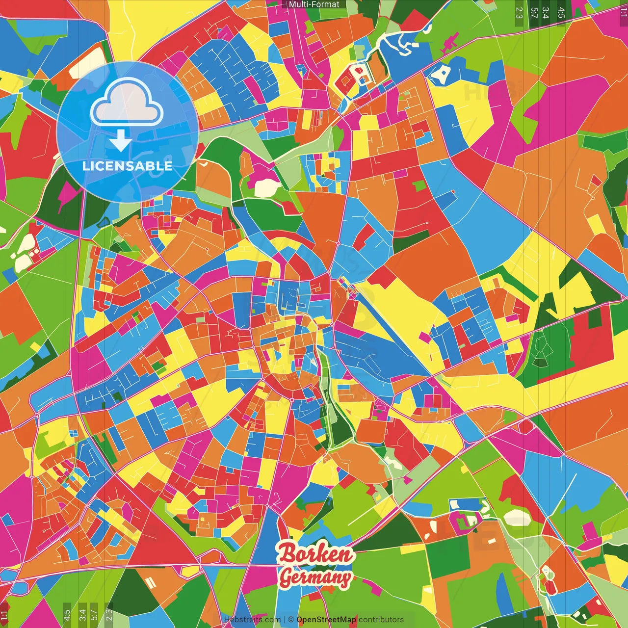 Borken, North Rhine-Westphalia, Germany Crazy Colorful Street Map Poster Template
