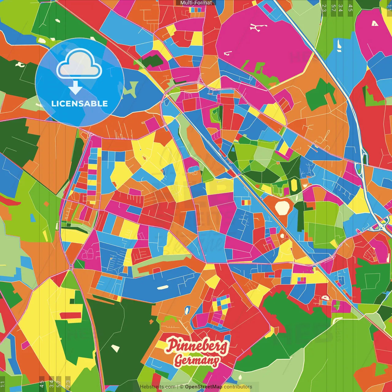 Pinneberg, Schleswig-Holstein, Germany Crazy Colorful Street Map Poster Template
