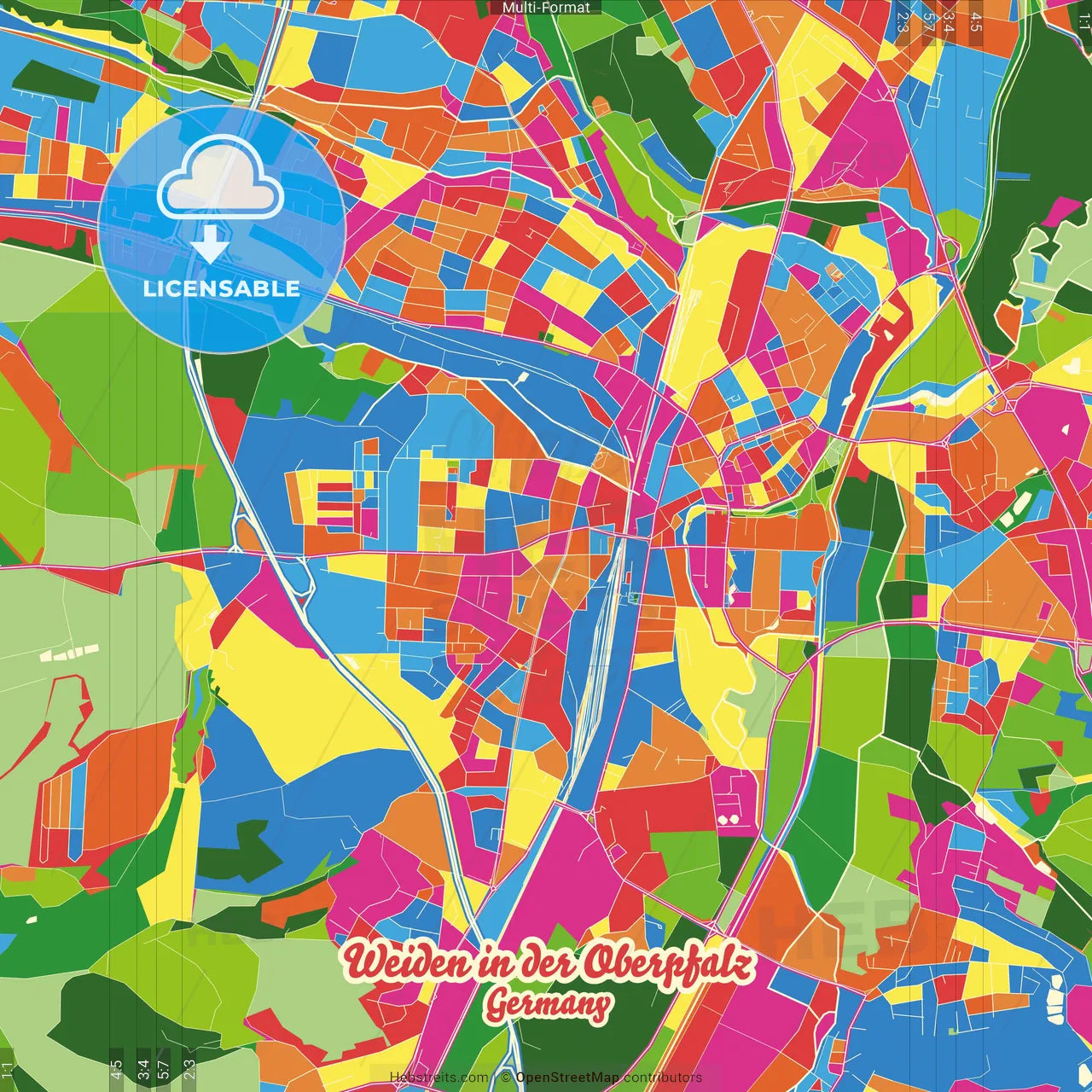 Weiden in der Oberpfalz, Bavaria, Germany Crazy Colorful Street Map Poster Template