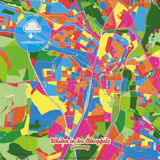 Weiden in der Oberpfalz, Bavaria, Germany Crazy Colorful Street Map Poster Template