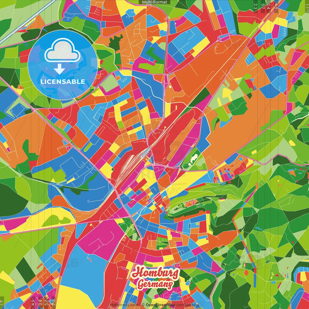 Homburg, Saarland, Germany Crazy Colorful Street Map Poster Template