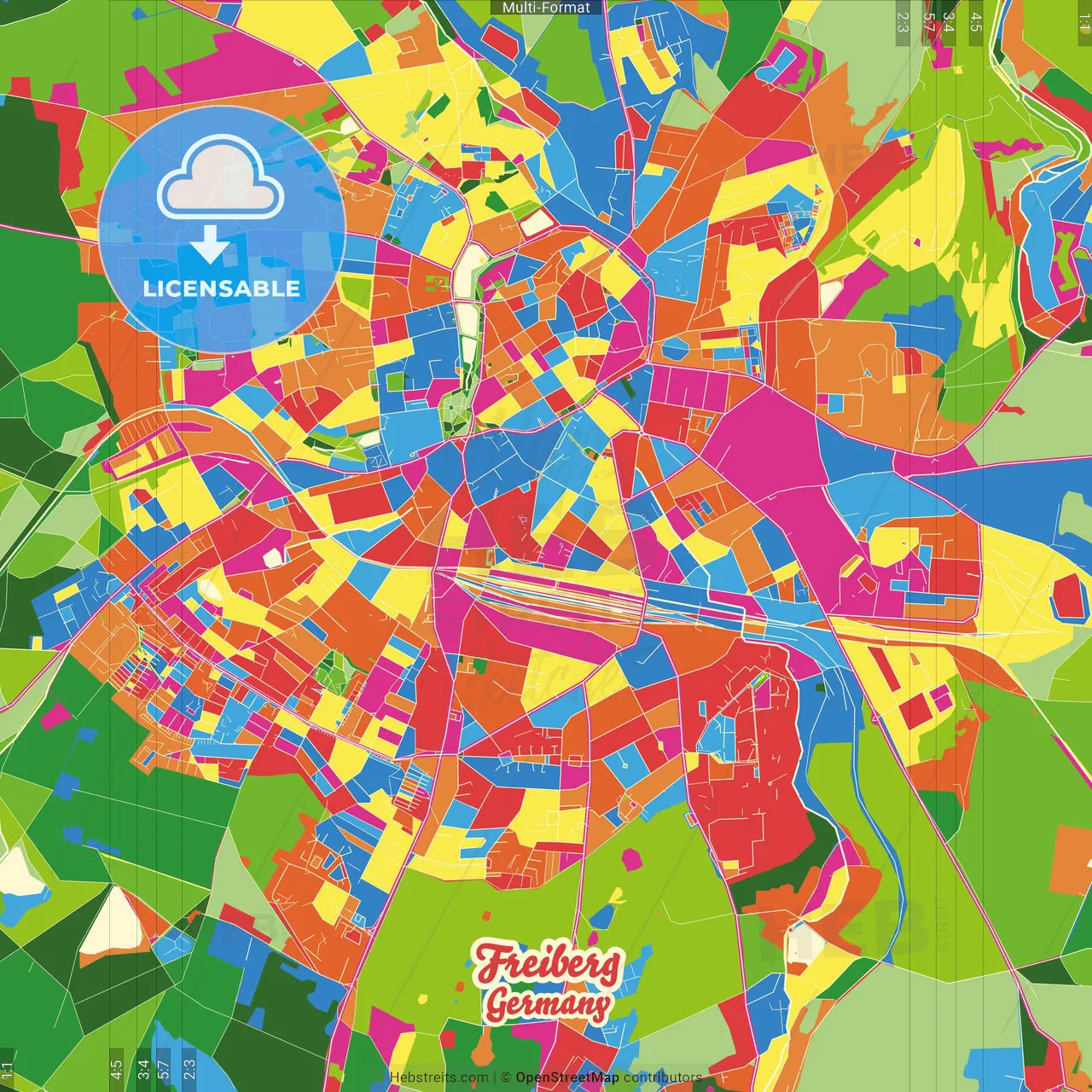 Freiberg, Saxony, Germany Crazy Colorful Street Map Poster Template