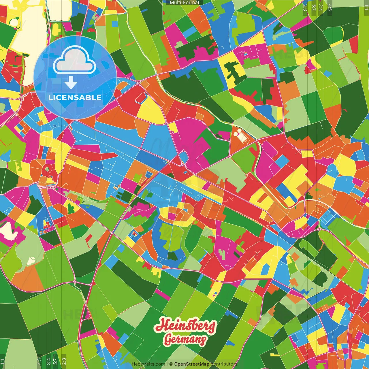 Heinsberg, North Rhine-Westphalia, Germany Crazy Colorful Street Map Poster Template