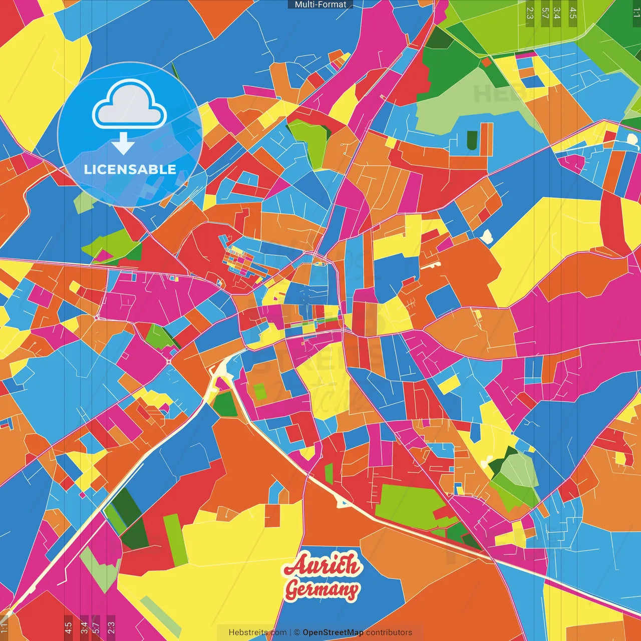 Aurich, Lower Saxony, Germany Crazy Colorful Street Map Poster Template