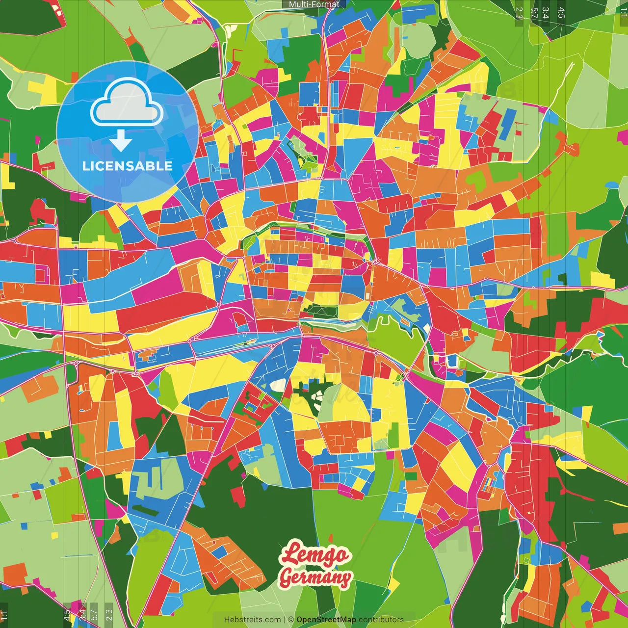 Lemgo, North Rhine-Westphalia, Germany Crazy Colorful Street Map Poster Template