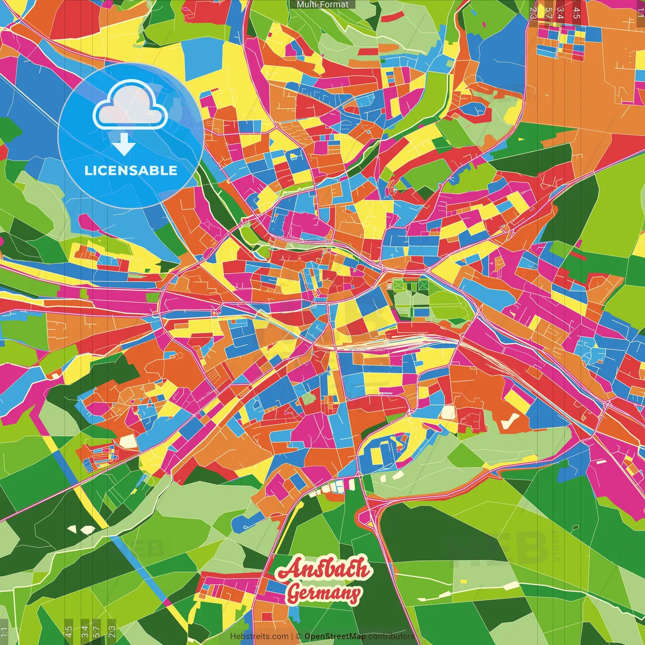 Ansbach, Bavaria, Germany Crazy Colorful Street Map Poster Template