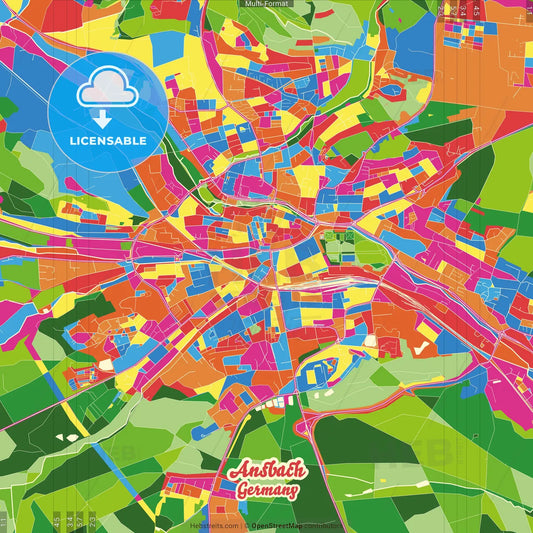 Ansbach, Bavaria, Germany Crazy Colorful Street Map Poster Template