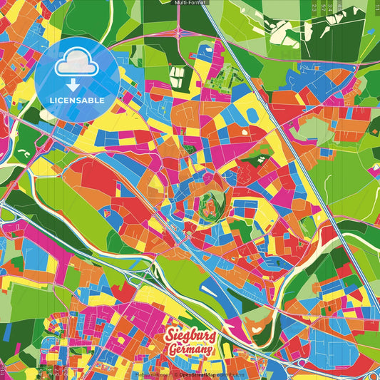 Siegburg, North Rhine-Westphalia, Germany Crazy Colorful Street Map Poster Template
