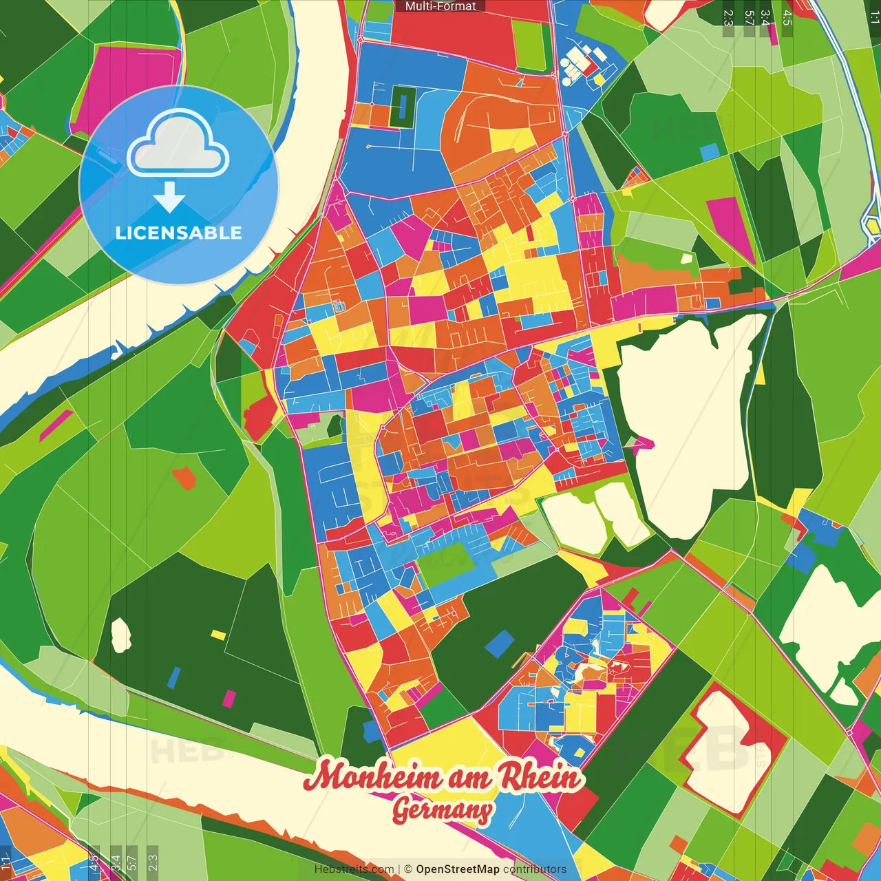 Monheim am Rhein, North Rhine-Westphalia, Germany Crazy Colorful Street Map Poster Template