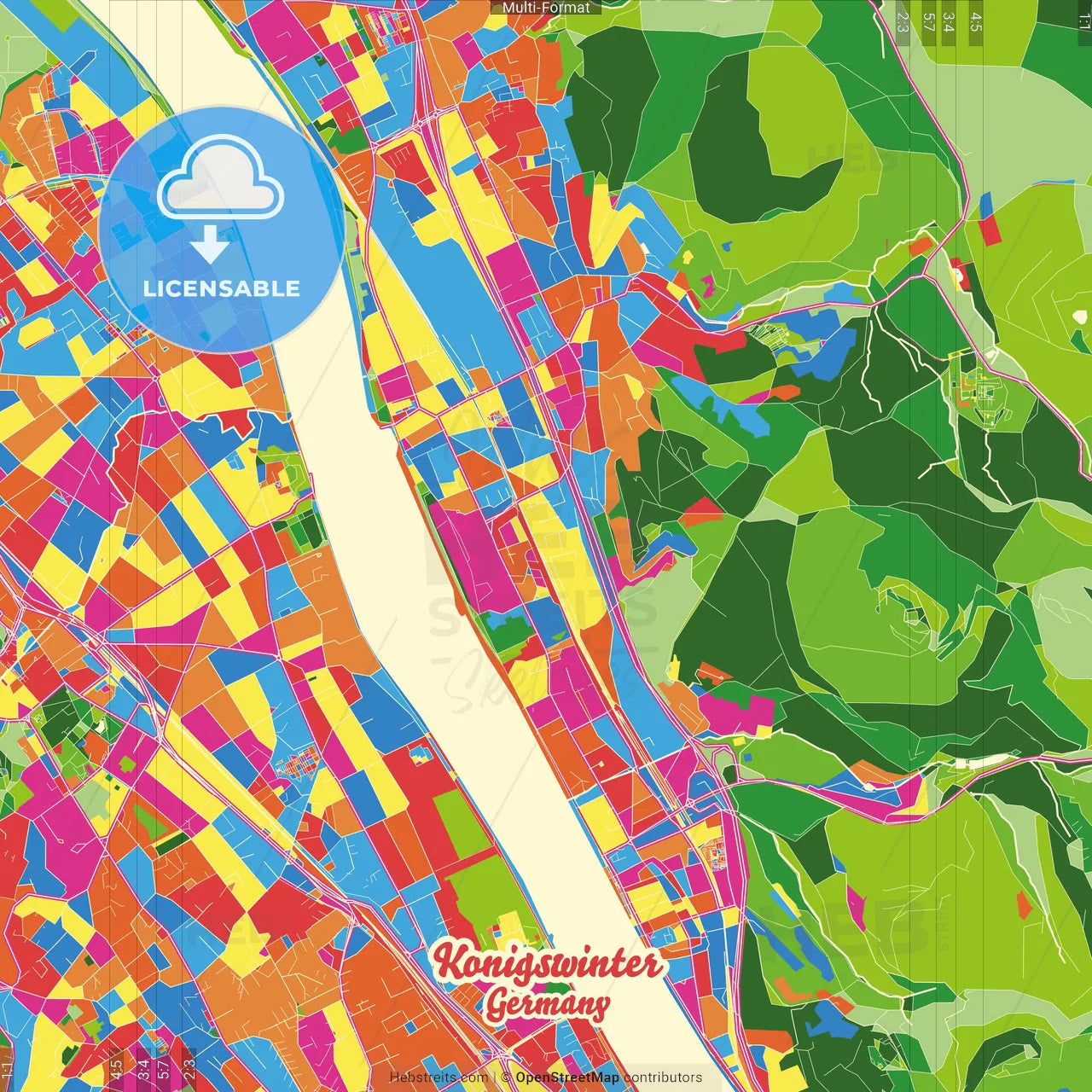 Konigswinter, North Rhine-Westphalia, Germany Crazy Colorful Street Map Poster Template