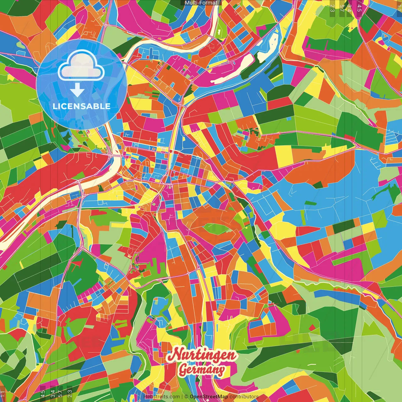 Nurtingen, Baden-Wuerttemberg, Germany Crazy Colorful Street Map Poster Template