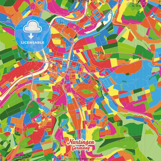 Nurtingen, Baden-Wuerttemberg, Germany Crazy Colorful Street Map Poster Template