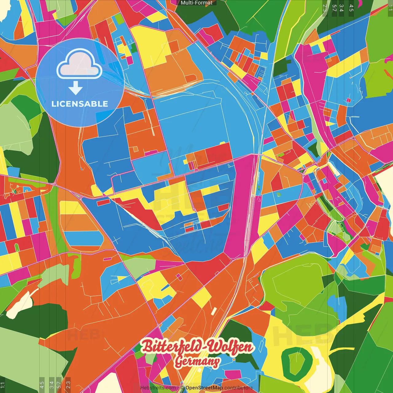 Bitterfeld-Wolfen, Saxony-Anhalt, Germany Crazy Colorful Street Map Poster Template