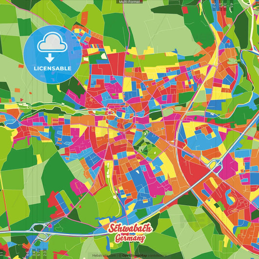 Schwabach, Bavaria, Germany Crazy Colorful Street Map Poster Template