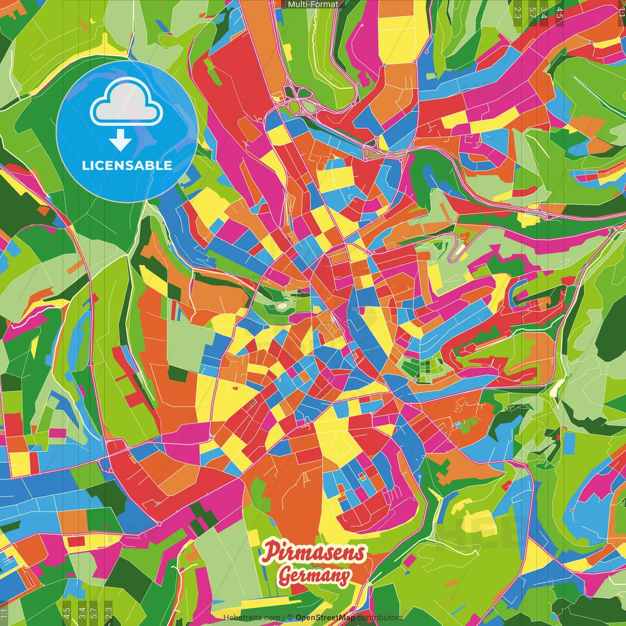 Pirmasens, Rheinland-Pfalz, Germany Crazy Colorful Street Map Poster Template