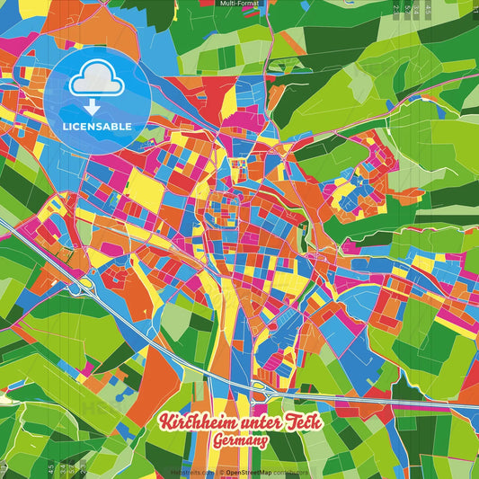 Kirchheim unter Teck, Baden-Wuerttemberg, Germany Crazy Colorful Street Map Poster Template