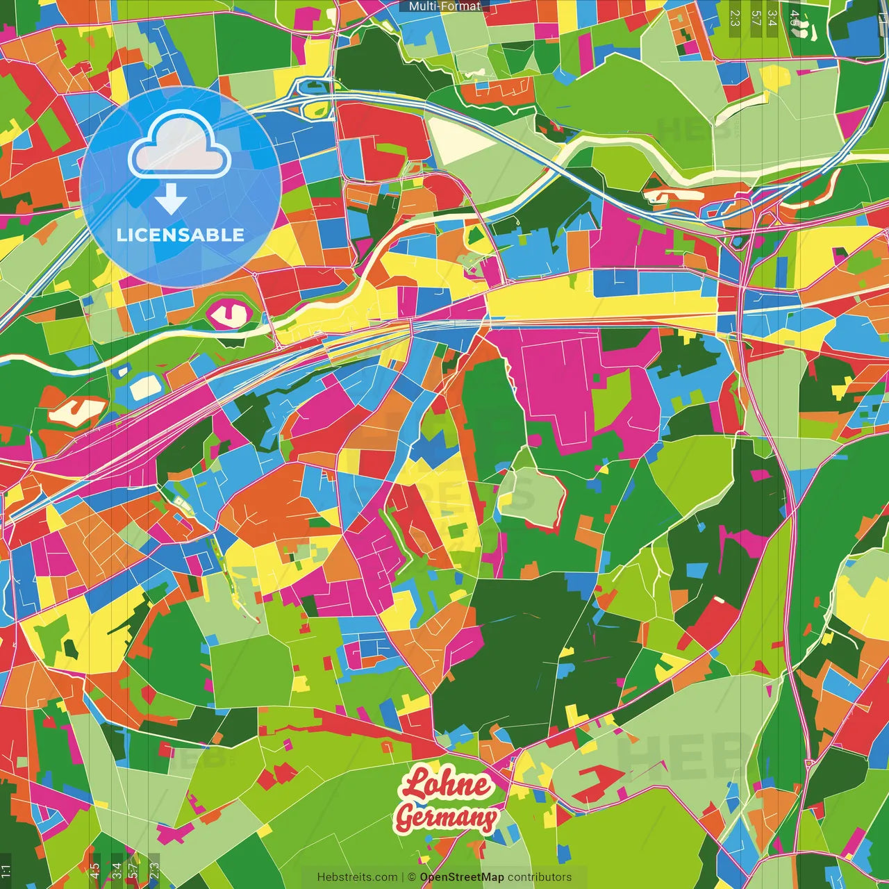 Lohne, North Rhine-Westphalia, Germany Crazy Colorful Street Map Poster Template