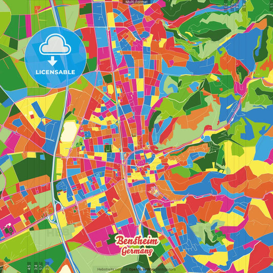 Bensheim, Hesse, Germany Crazy Colorful Street Map Poster Template