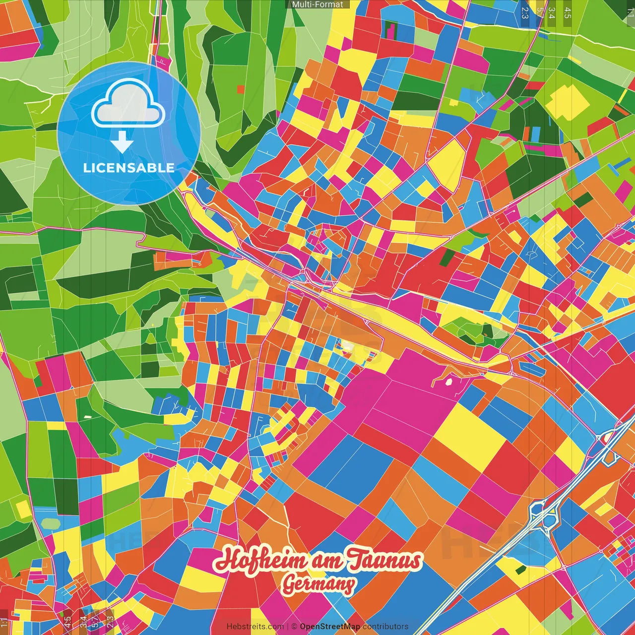 Hofheim am Taunus, Hesse, Germany Crazy Colorful Street Map Poster Template