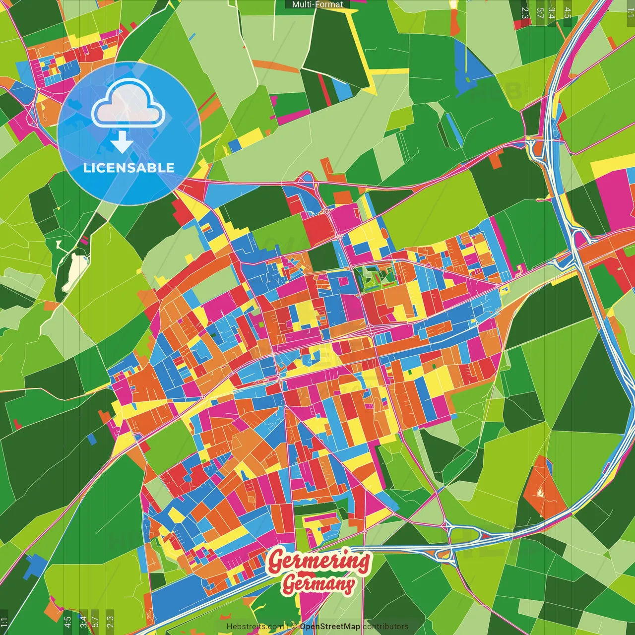 Germering, Bavaria, Germany Crazy Colorful Street Map Poster Template