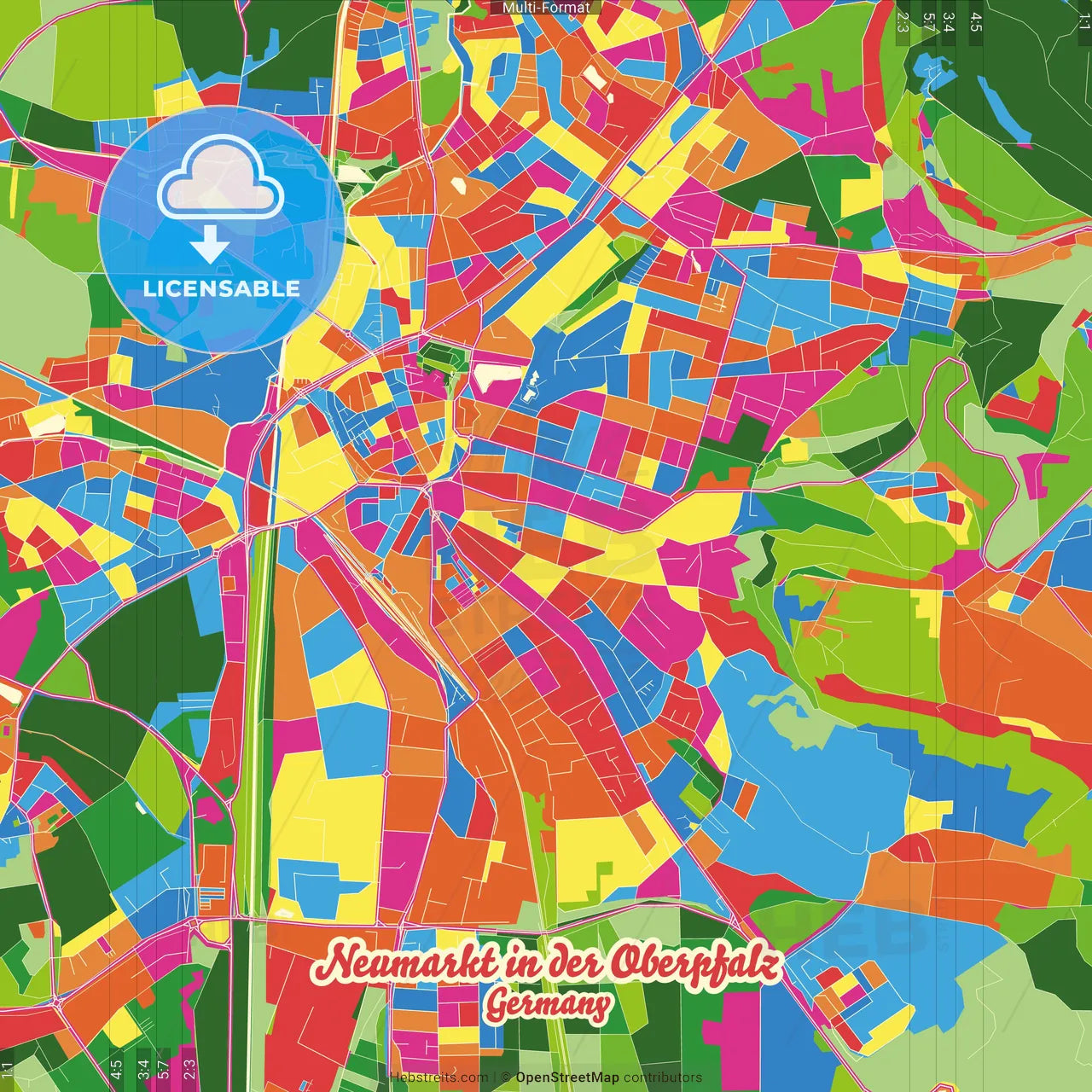 Neumarkt in der Oberpfalz, Bavaria, Germany Crazy Colorful Street Map Poster Template