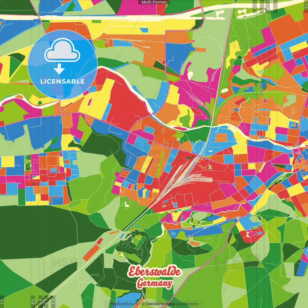 Eberswalde, Brandenburg, Germany Crazy Colorful Street Map Poster Template