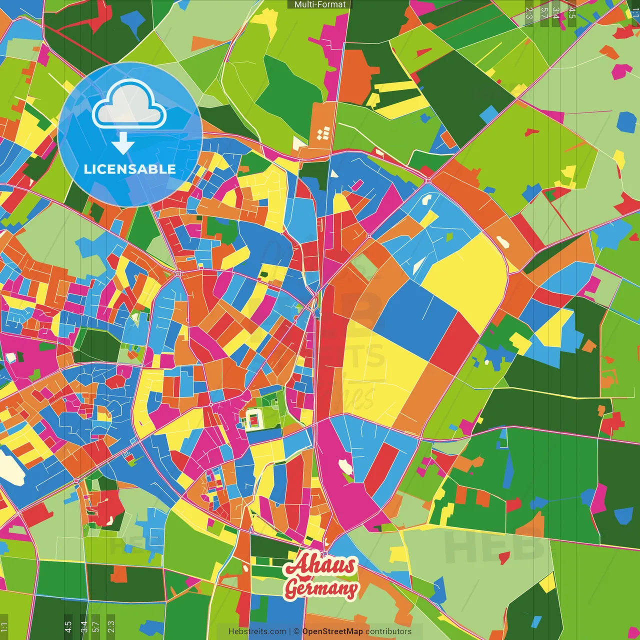 Ahaus, North Rhine-Westphalia, Germany Crazy Colorful Street Map Poster Template