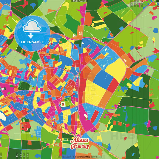 Ahaus, North Rhine-Westphalia, Germany Crazy Colorful Street Map Poster Template