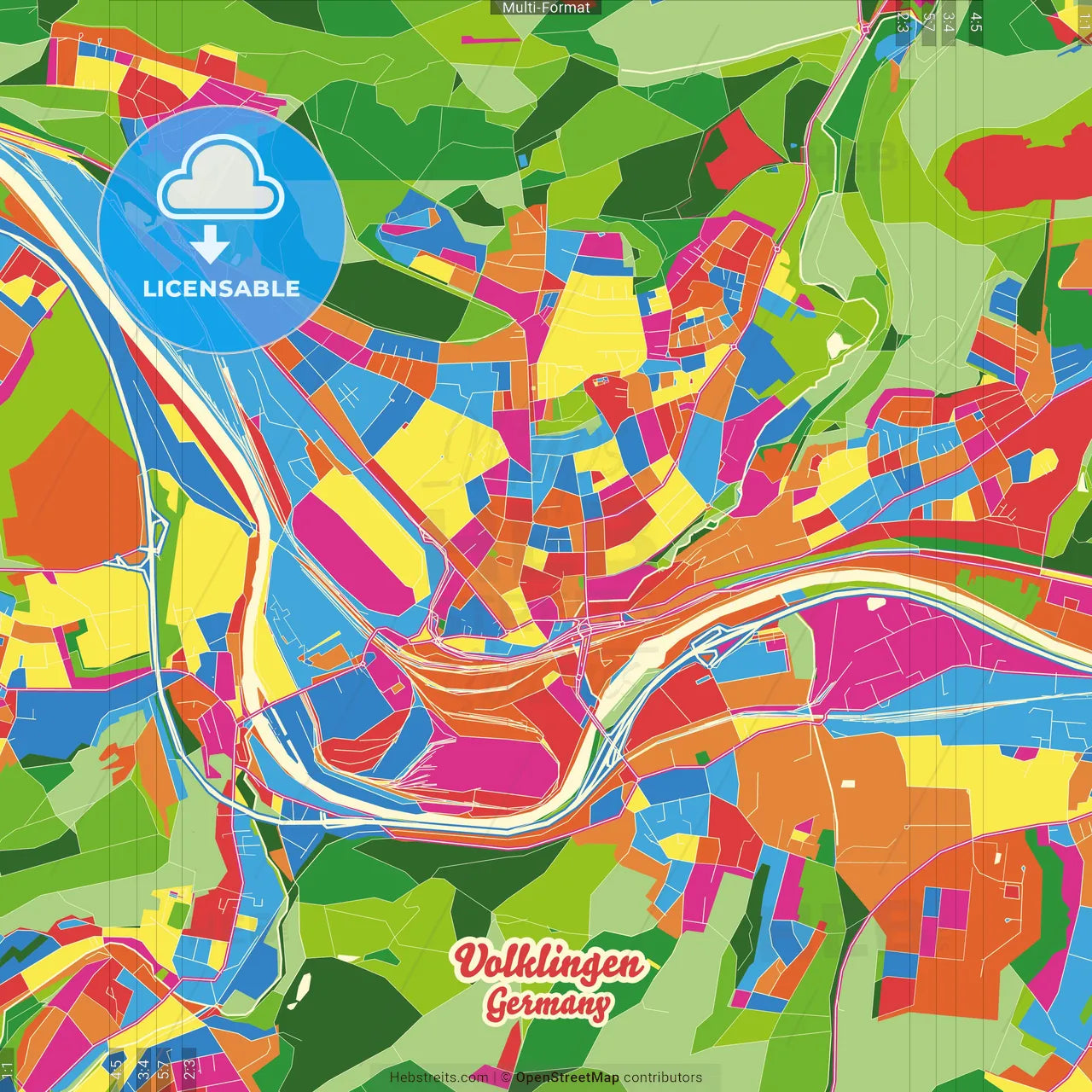 Volklingen, Saarland, Germany Crazy Colorful Street Map Poster Template