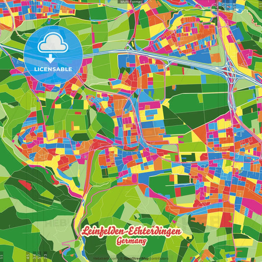 Leinfelden-Echterdingen, Baden-Wuerttemberg, Germany Crazy Colorful Street Map Poster Template