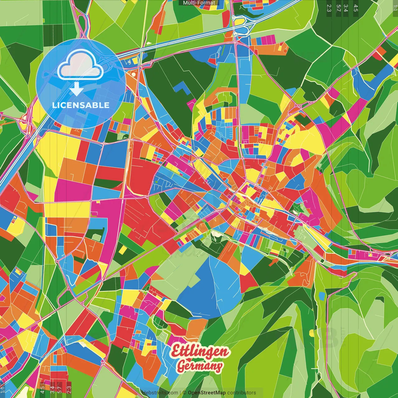 Ettlingen, Baden-Wuerttemberg, Germany Crazy Colorful Street Map Poster Template