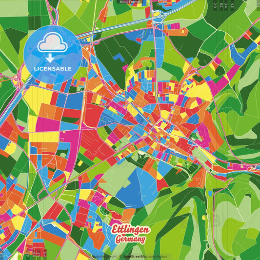 Ettlingen, Baden-Wuerttemberg, Germany Crazy Colorful Street Map Poster Template
