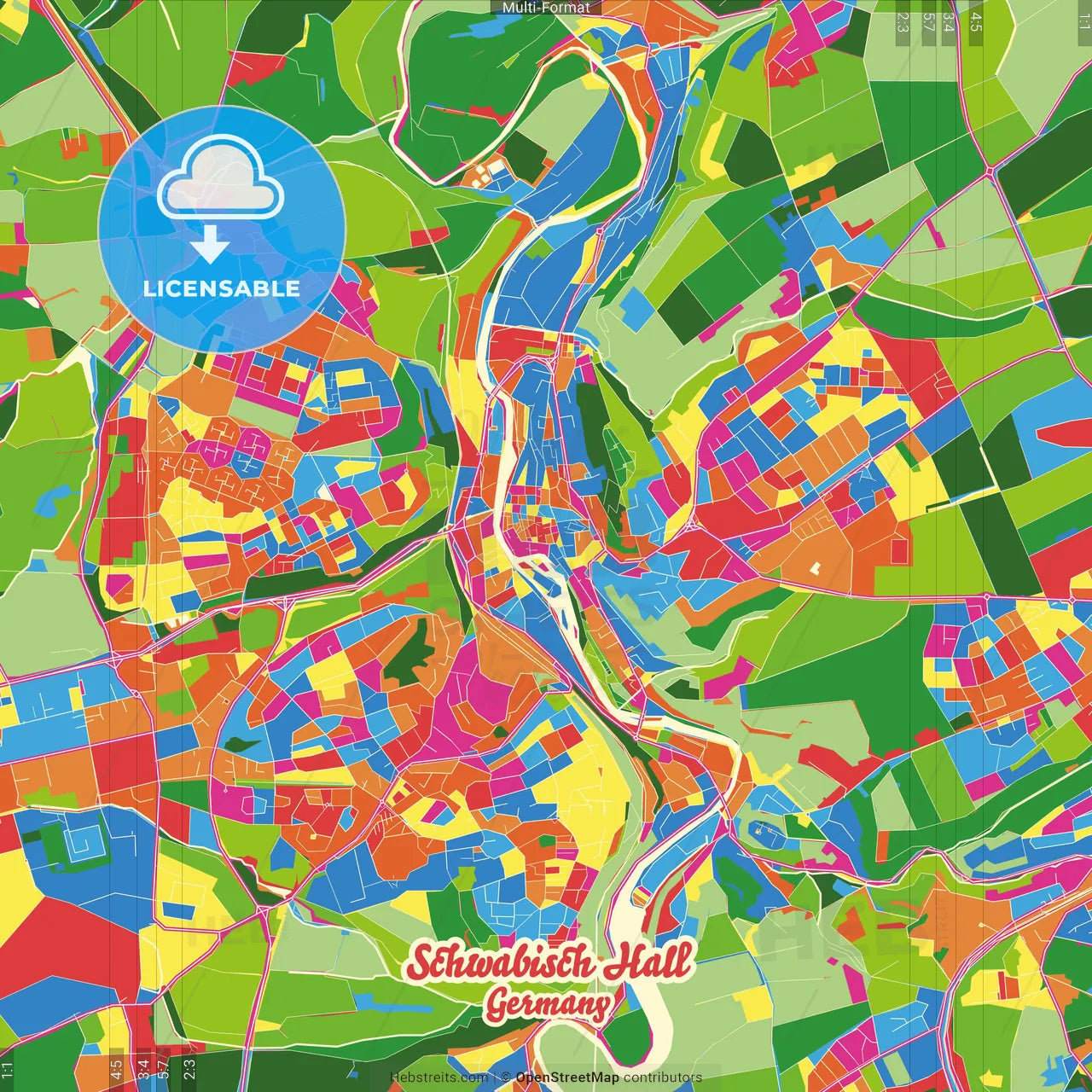 Schwabisch Hall, Baden-Wuerttemberg, Germany Crazy Colorful Street Map Poster Template