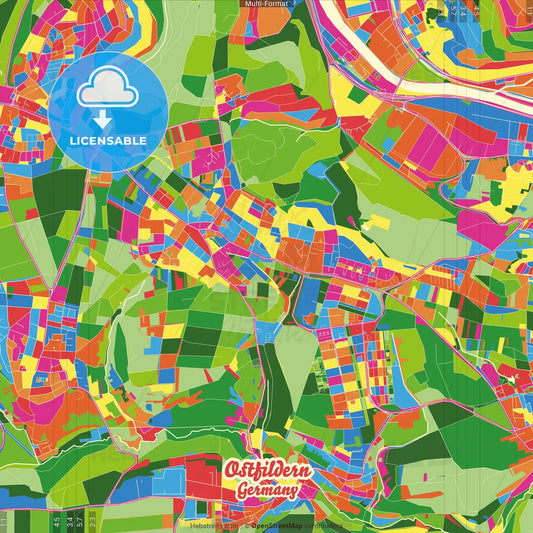 Ostfildern, Baden-Wuerttemberg, Germany Crazy Colorful Street Map Poster Template