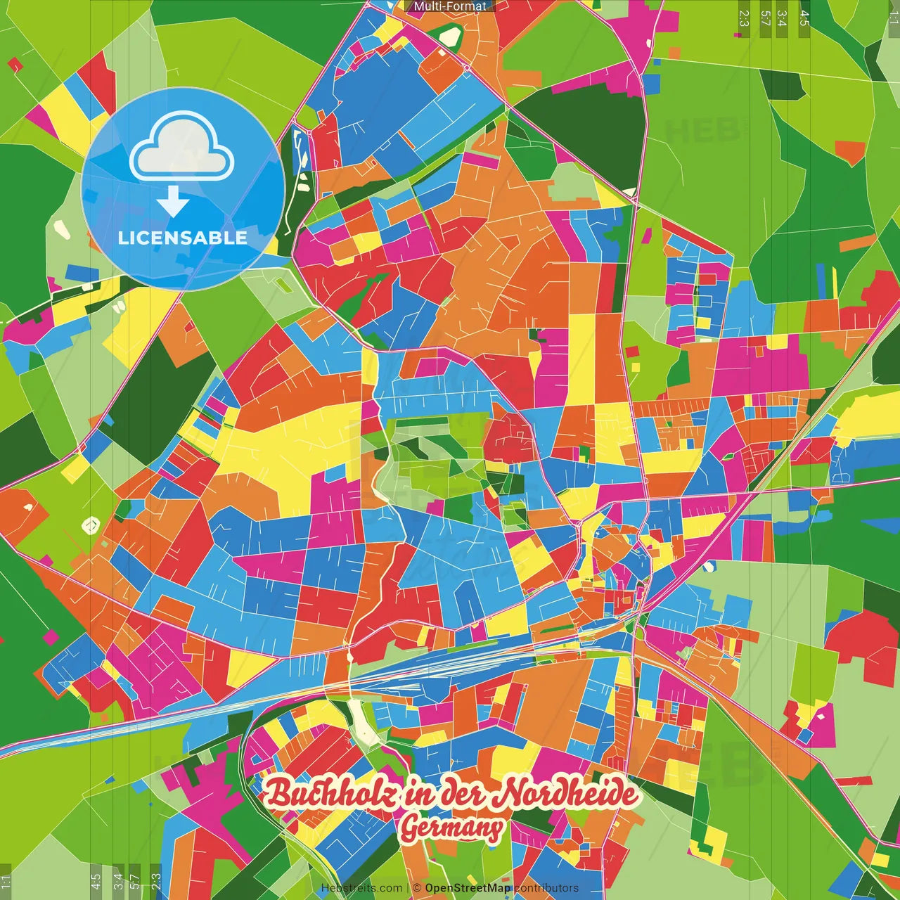 Buchholz in der Nordheide, Lower Saxony, Germany Crazy Colorful Street Map Poster Template