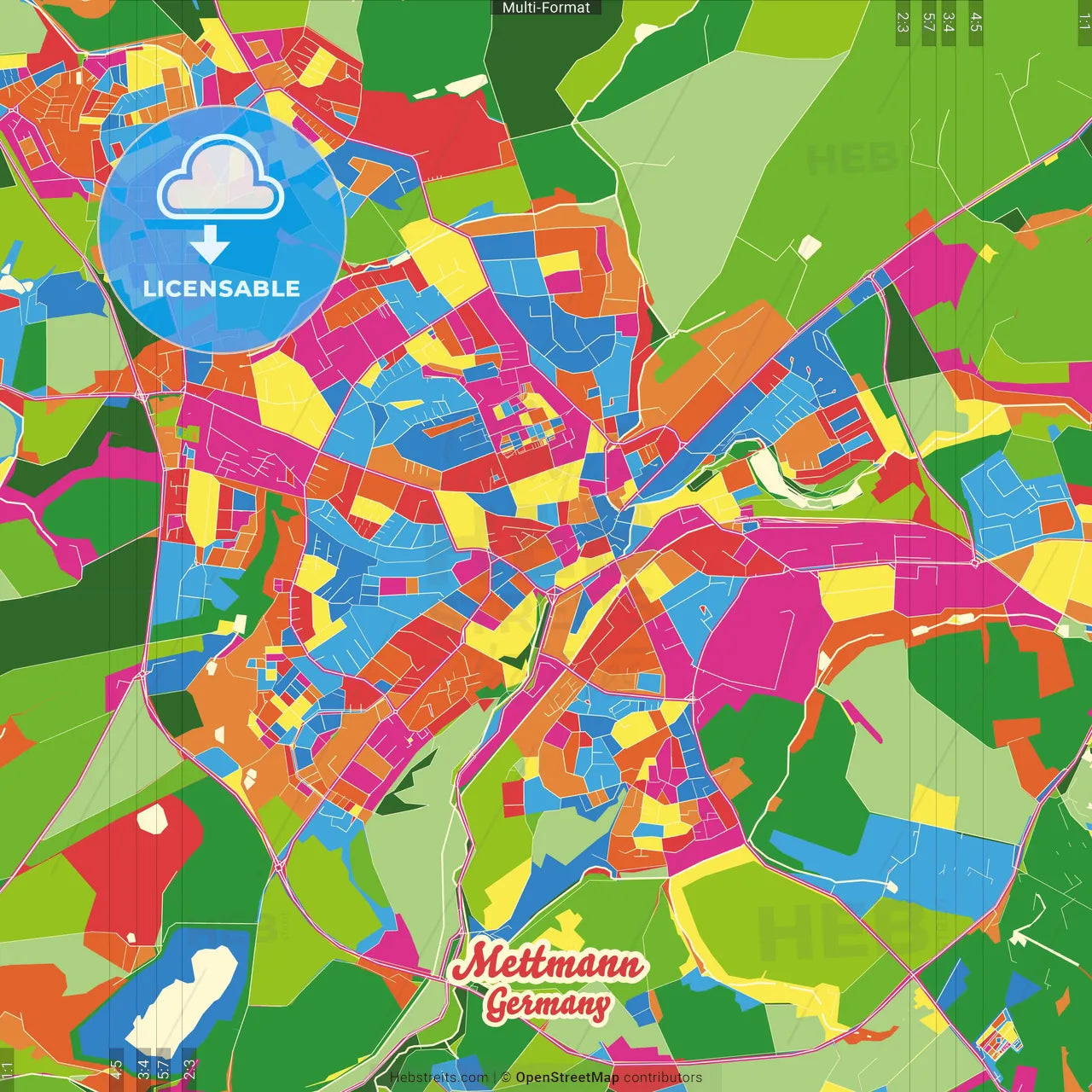 Mettmann, North Rhine-Westphalia, Germany Crazy Colorful Street Map Poster Template