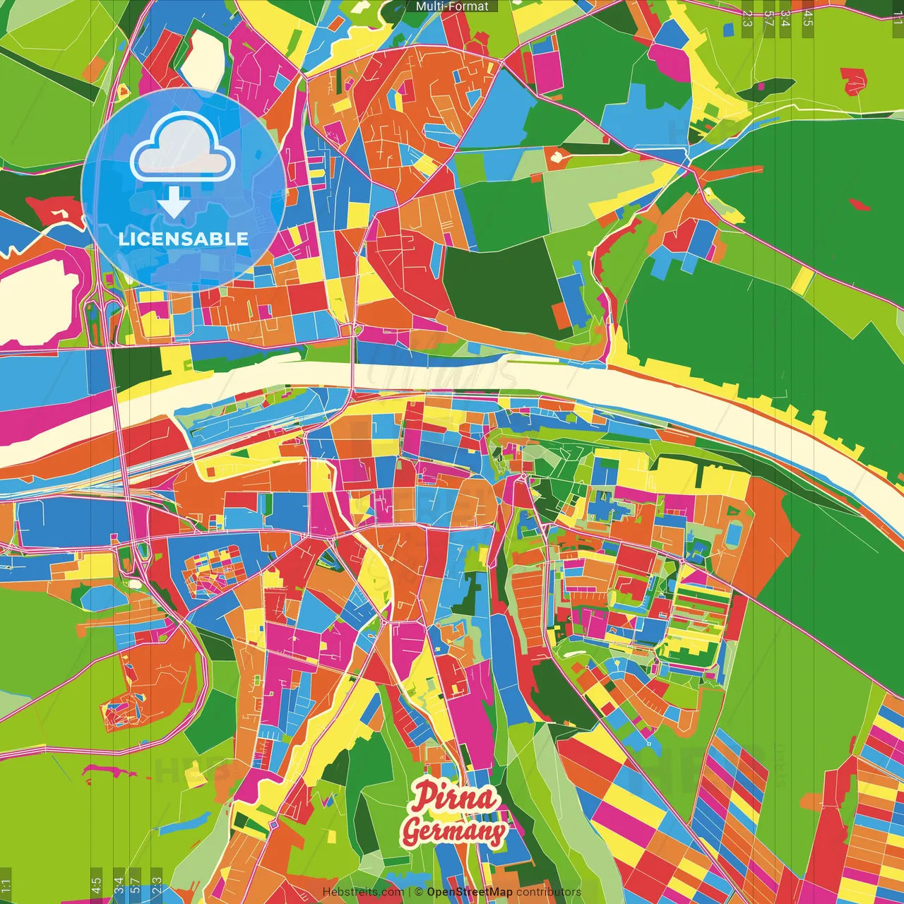 Pirna, Saxony, Germany Crazy Colorful Street Map Poster Template