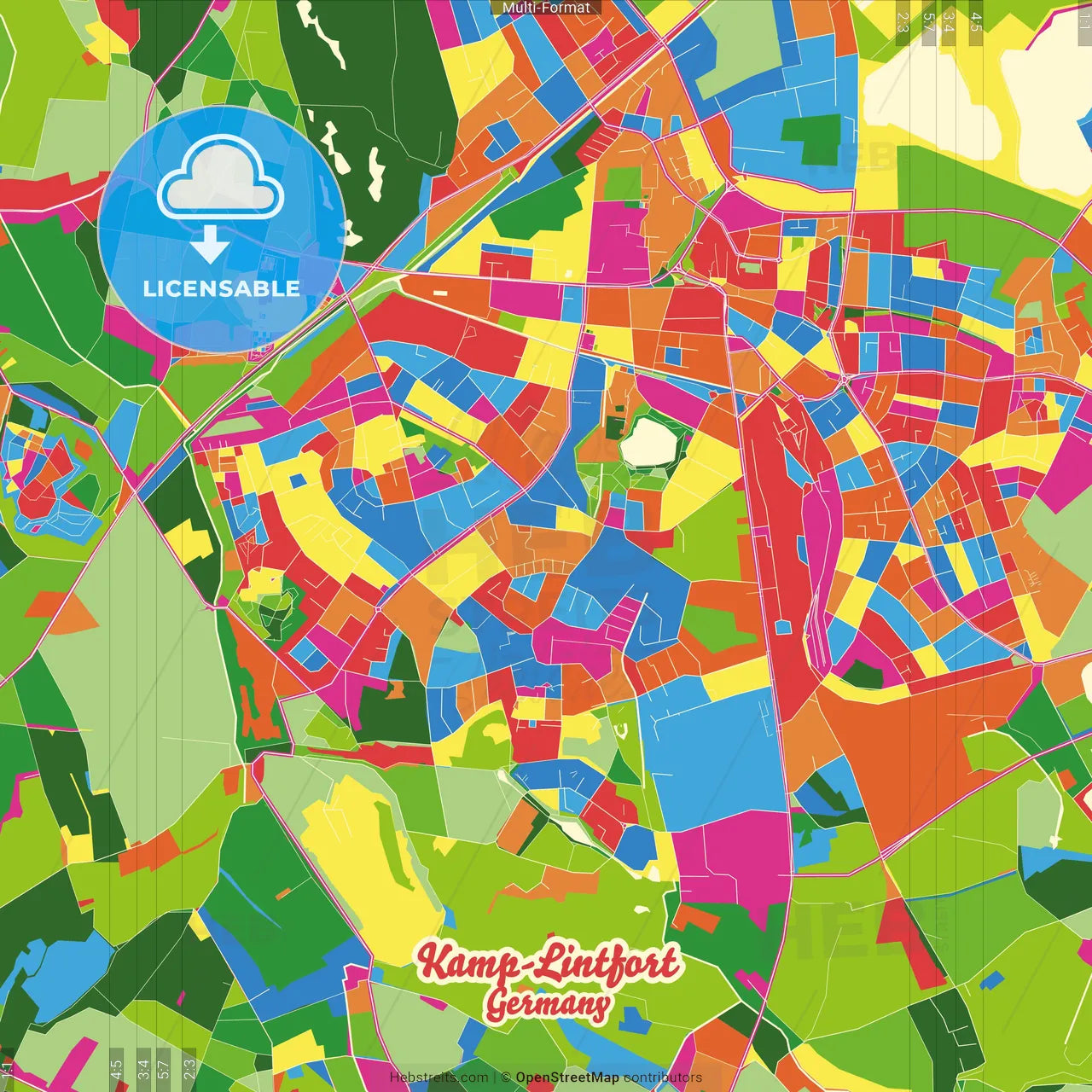 Kamp-Lintfort, North Rhine-Westphalia, Germany Crazy Colorful Street Map Poster Template