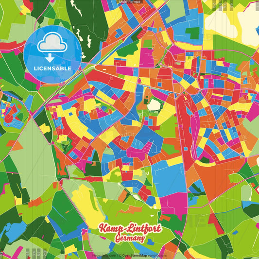 Kamp-Lintfort, North Rhine-Westphalia, Germany Crazy Colorful Street Map Poster Template