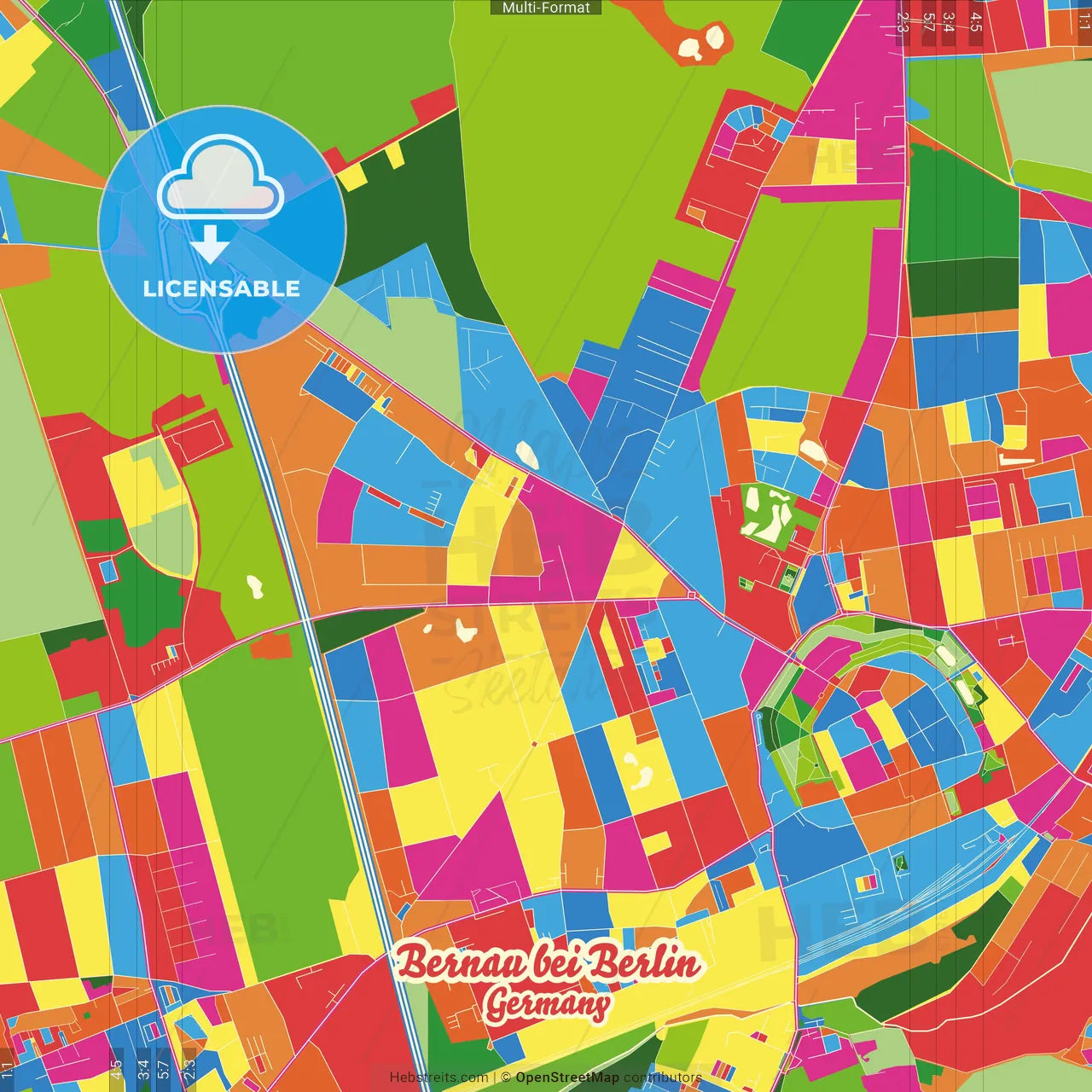 Bernau bei Berlin, Brandenburg, Germany Crazy Colorful Street Map Poster Template