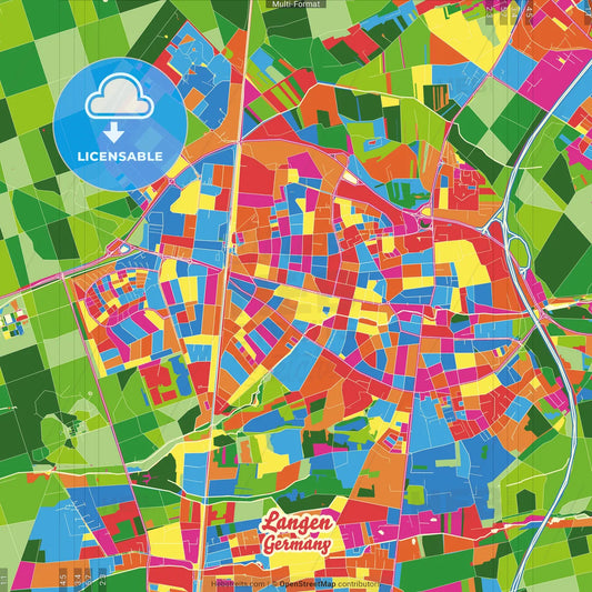 Langen, Hesse, Germany Crazy Colorful Street Map Poster Template