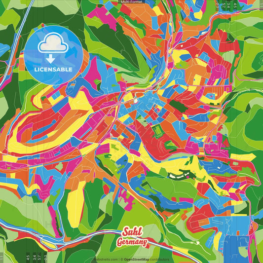Suhl, Thuringia, Germany Crazy Colorful Street Map Poster Template