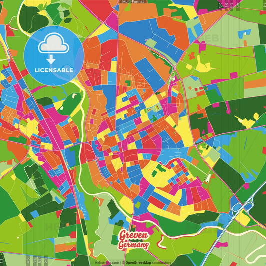 Greven, North Rhine-Westphalia, Germany Crazy Colorful Street Map Poster Template