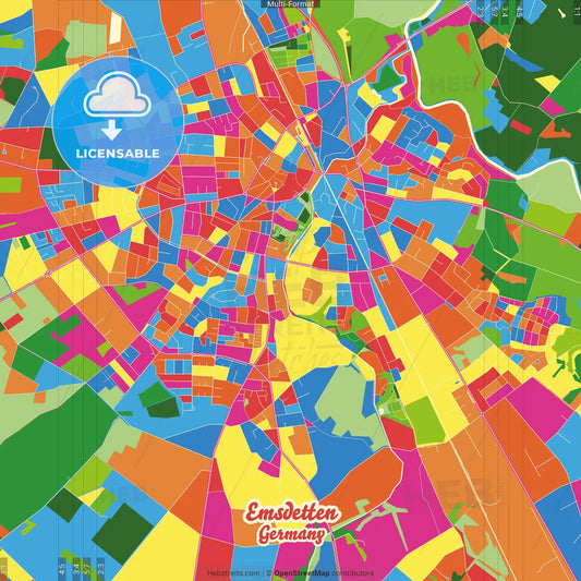 Emsdetten, North Rhine-Westphalia, Germany Crazy Colorful Street Map Poster Template